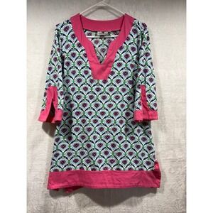 Malabar Bay Organic Cotton Tunic Top XL Pink Blue Floral Medallion 3/4 Sleeve